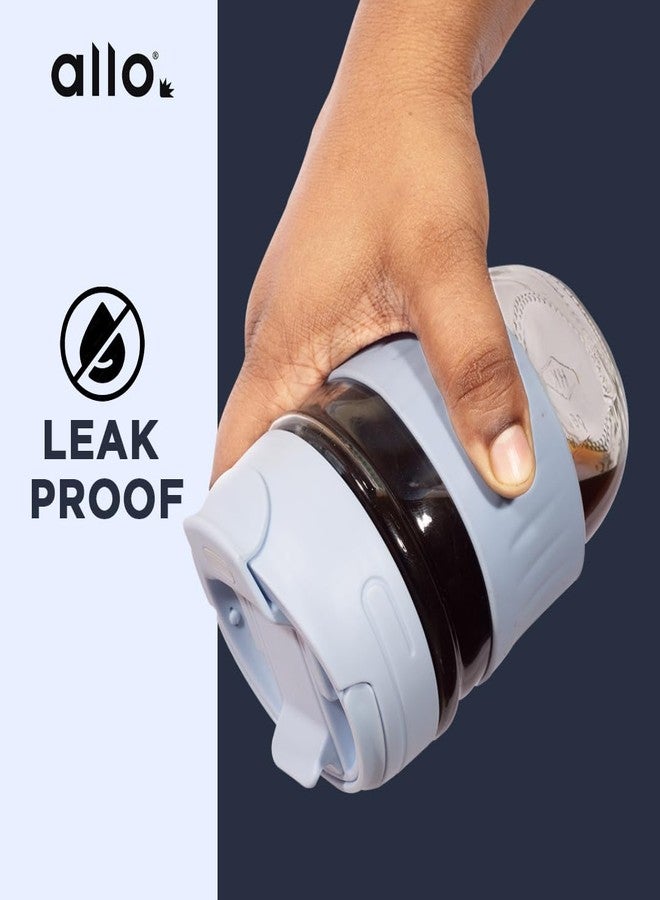 Allo Reusable Glass Mug Sipper Tumbler with Straw, Unique 2 in 1 ANTI Spill Lid | Microwave Safe Leakproof Glass with Anti-Slip Grip for Hot & Cold Coffee|| Car, Office, Travel use | 350ml (Blue) - Image 3